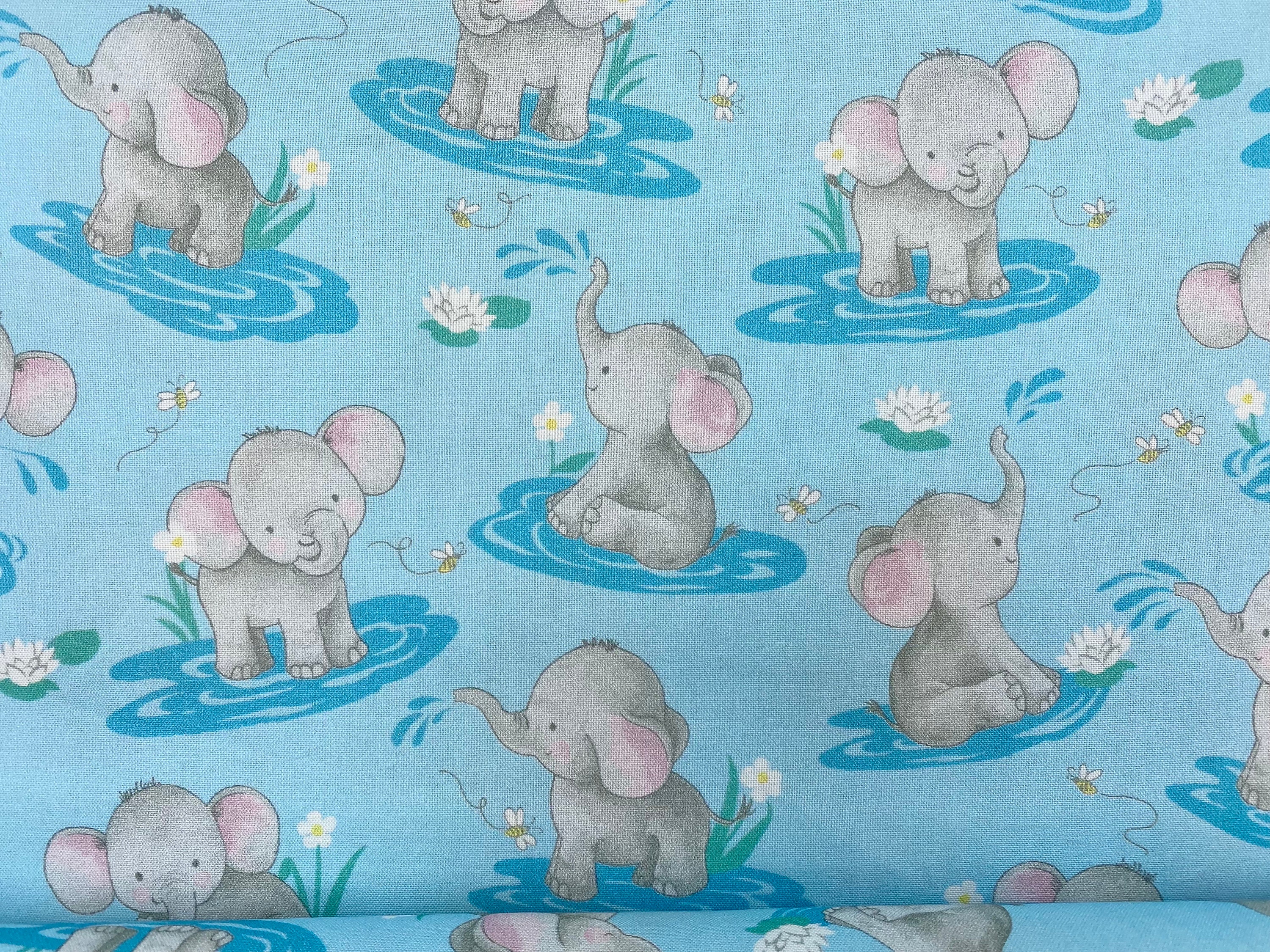 Blue Water Frolic Elephants Fabric Cotton 100% Cotton by Freckle + Lollie Little Darlings Baby Elephants Fabric by the Yard Children Cotton