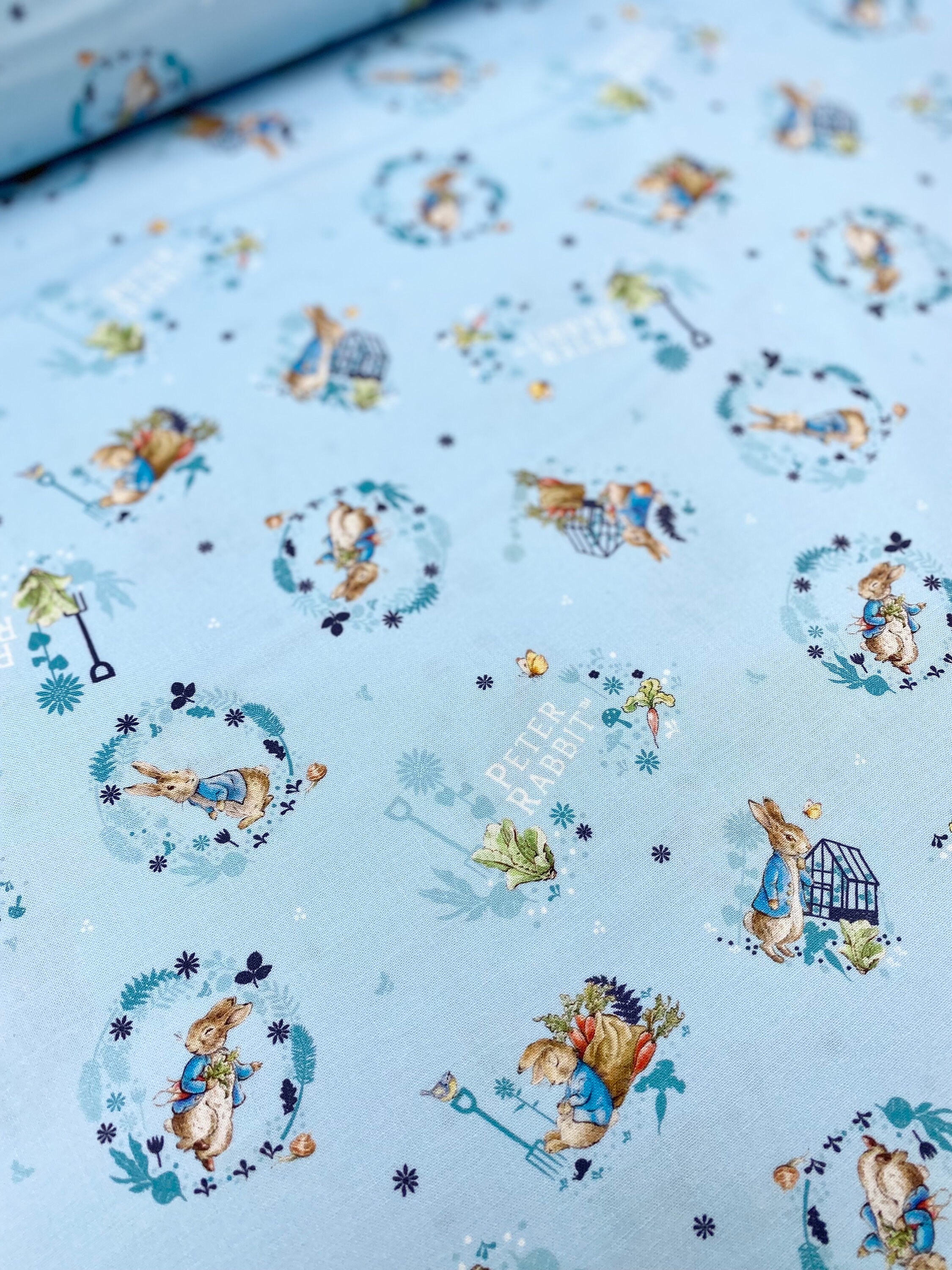 Peter Rabbit Blue Fabric 100% Cotton Garden Bunny Cotton Fabric by Yard ...