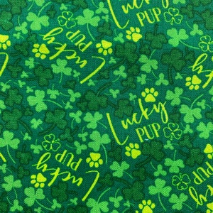 May include: Green fabric with a repeating pattern of shamrocks and paw prints. The text "Lucky Pup" is written in yellow cursive.