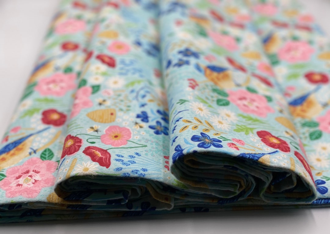Flannel Birds and Flowers Flannel Fabric by the Yard 100 Etsy