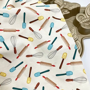 Baking Gear Fabric 100% Cotton Fabric by Yard Dinning Cotton Fabric Michael Miller Fabric Collection Kitchen Baking Cream Fabric Culinary