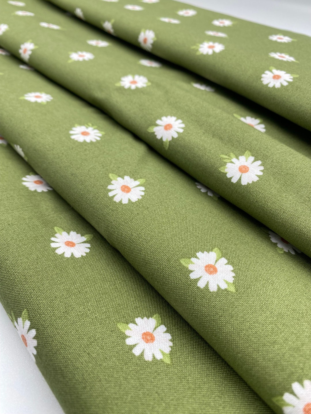 White Daisies on Green Fabric Cotton 100 Percent Cotton Green Daisies
