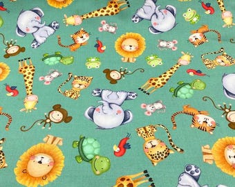 TEAL Animal Babies Fabric 100% Cotton Jungle Paradise Cotton Fabric by the Yard Michael Miller Teal Color Nursery Fabric Children Cotton