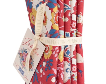 Tilda- TIL300182 Jubilee FQB 5 Fabrics Fat Quarters Bundle 100% Premium Cotton Fabric Red Bundle Quilting Bundle Fat Quarter