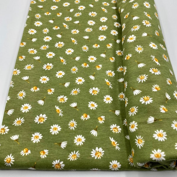 Flannel Green with White Daisy Fabric by the Yard 100% Cotton Daisy on Green Flannel Fabric Floral Green