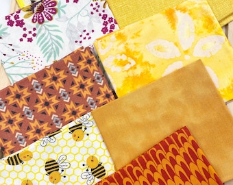 8 Fat Quarters Bundle Yellow Shades Bees 100% Cotton Fabric Bundle Quilting Fat Quarters Floral Curated Orange Fabric Cotton Bundle No. 13