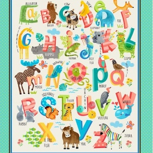 Aqua Alphabits 22&quot; Panel 100% Cotton Fabric Michael Miller Alphabet Panel Fabric Animals & Letters Gender Neutral Fabric Quilt Panel Cotton