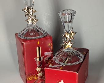 Vintage Mikasa Fine Lead Crystal Golden Stars Taper Candle Holders Set of 2 Germany Gold Accent Octagon Base Original Boxes