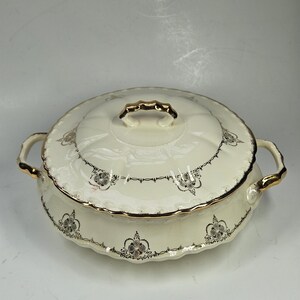 Vintage Crooksville China Vegetable Tureen Gold Filigree Pattern Ornate Encrusted Handles 5 Cup Creamy Glaze Scalloped Rim Decor