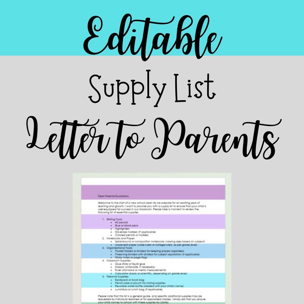 Editable Back to School Supply List Letter to Parents