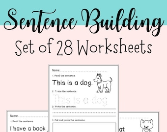 Sentence Building Worksheets-Read, Trace, Write, and Cut & Paste the Sentence-Printable Literacy Worksheets-Elementary ELA-Instant Download