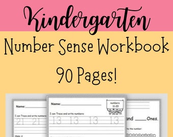 Könnte beinhalten: Ein schwarz-weißes Arbeitsbuch für Kindergartenkinder, um Fähigkeiten im Zahlenverständnis zu üben. Der Umschlag zeigt den Titel "Kindergarten Number Sense Workbook" und "90 Pages!" in schwarzer Schrift auf gelbem Hintergrund. Die Innenseiten zeigen Beispiele für Aktivitäten wie das Nachzeichnen von Zahlen, das Zählen von Objekten und das Schreiben von Zahlen.