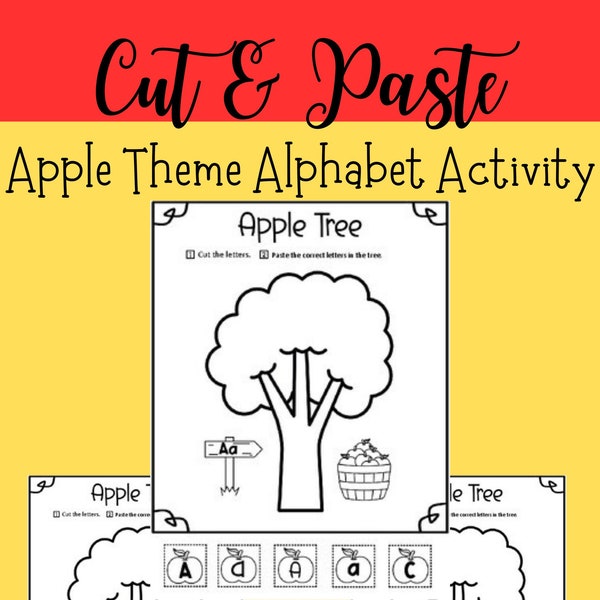 Cut & Paste Alphabet Activity-Apple Theme-Small Motor Practice-PreK to 1st Grade Activity-Fine Motor Practice-Hands on Learning-ABC Activity