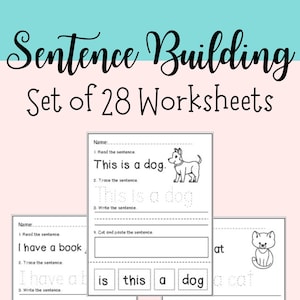 Może przedstawiać: Czarno-biała karta pracy do budowania zdań. Karta pracy zawiera psa, kota i książkę. Tekst na karcie pracy brzmi "To jest pies." "Mam książkę." "Widzę kota."