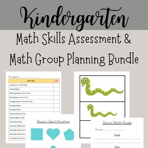 May include: A printable worksheet for kindergarten math skills assessment and group planning. The worksheet includes a checklist of math skills, a shape identification section with various shapes, and a section for group math goals with space for goal, plan, and how group success will be measured.