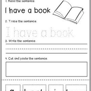 Puede incluir: Una hoja de trabajo para aprender a leer y escribir la frase "Tengo un libro". La hoja de trabajo incluye una imagen de un libro, una l&iacute;nea punteada para trazar la frase y un espacio para escribir la frase. Las palabras "un", "libro", "yo" y "tengo" est&aacute;n impresas en cuadrados separados.