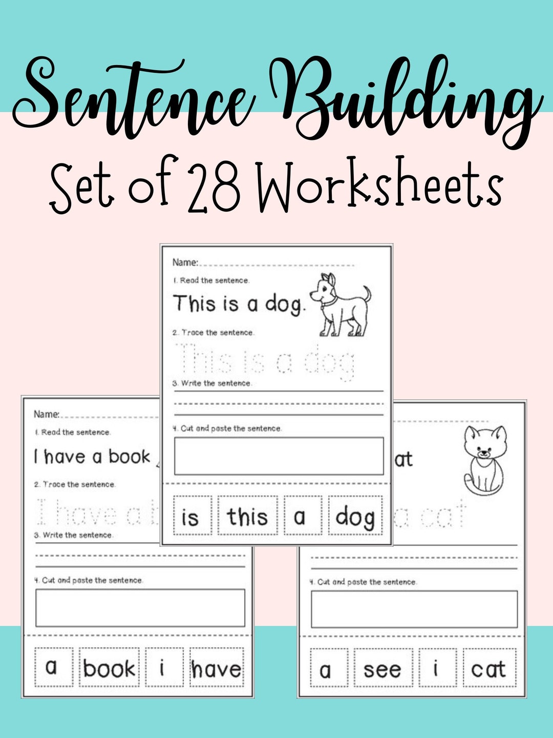 Sentence Building Worksheets-read, Trace, Write, and Cut & Paste the ...