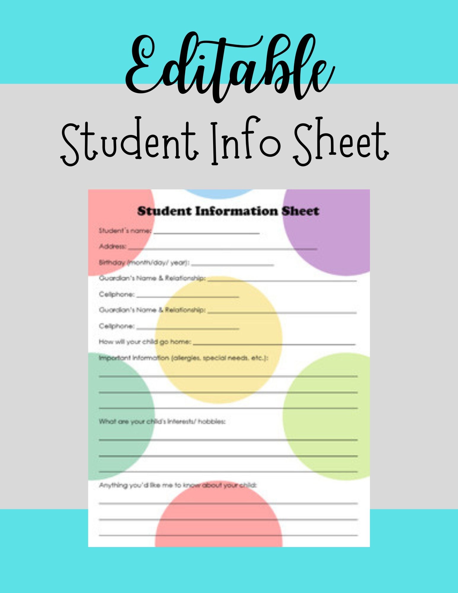 Editable Student Info Sheet back To School first Day Of School Etsy