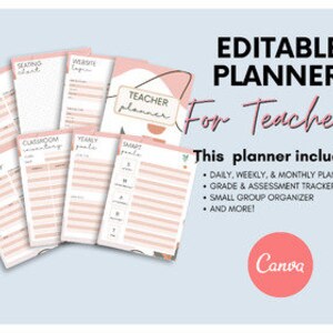 Peut inclure: Planificateur d'enseignant éditable avec une couverture rose et blanche représentant un professeur de dessin animé. Le planificateur comprend des planificateurs quotidiens, hebdomadaires et mensuels, des suivis des notes et des évaluations, des organisateurs de petits groupes, et plus encore. Canva.