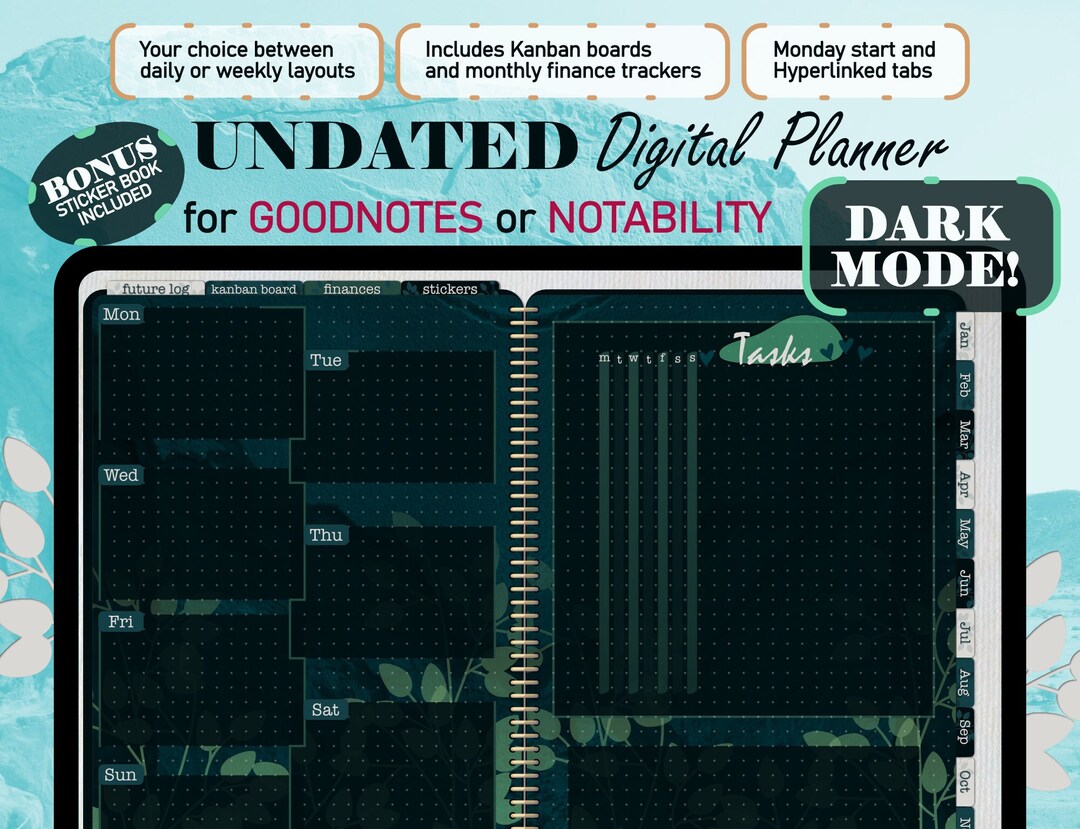 Undated Digital Planner in DARK MODE Hyperlinked for iPad Goodnotes or ...