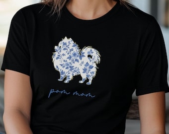 Gift for Pom Mom, Blue Floral Pomeranian Mom Shirt, Chinoiserie Dog Lover Tee