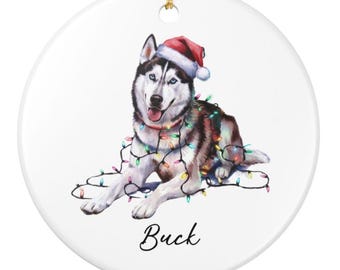 May include: A round, white ceramic ornament featuring a Siberian Husky wearing a Santa hat and Christmas lights. The dog's name, "Buck", is written in cursive below the image. A gold string is attached for hanging.