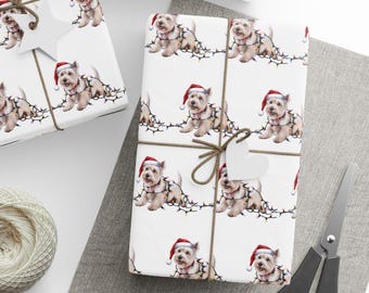 West Highland Terrier kerstcadeaupapier, hondencadeaupapier, kerstmutsverlichting