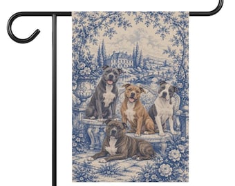 Pit Bull Garden Flag, Blue Toile Pittie Yard Decor, Pitbull Mom Gift, Garden Banner