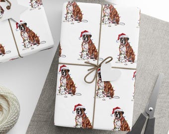 Boxer Christmas Wrapping Paper, Dog Gift Wrap with Santa Hat and Holiday Lights