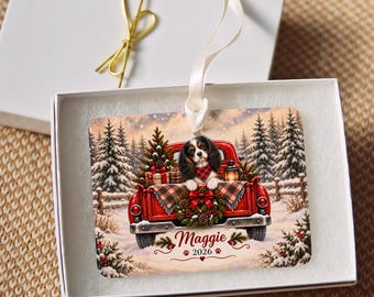 Personalized Tricolor Cavalier Ornament, Christmas Red Truck, Custom Name and Year