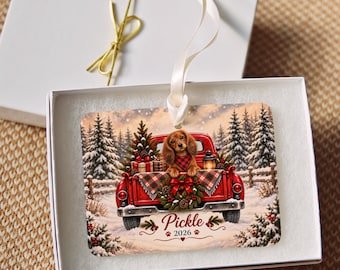 Personalized Red Dachshund Ornament, Christmas Red Truck, Custom Name and Year