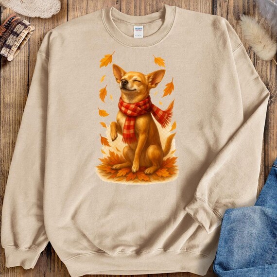 Chihuahua in Autumn Leaves T-shirt, Fall Dog Sweatshirt, Pet Lover Gift, Cozy Canine Apparel, Chihuahua in Scarf, Dog Mom Present