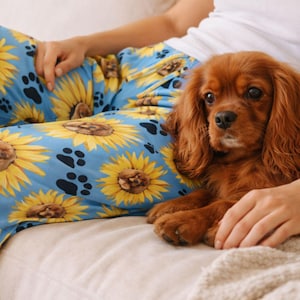 Mothers Day Gift for Ruby Mom, Custom Dog Face Pajama Pants, Sunflower Cavalier Lounge Pants