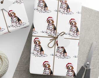 Beagle Christmas Wrapping Paper, Dog Gift Wrap with Santa Hat and Holiday Lights
