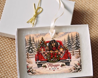 Personalized Black and Tan Cavalier Ornament, Christmas Red Truck, Custom Name and Year