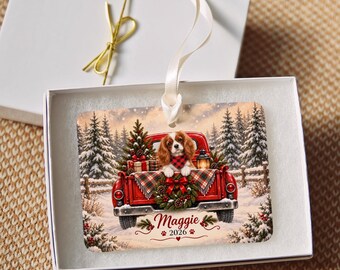 Personalized Blenheim Cavalier Ornament, Christmas Red Truck, Custom Name and Year