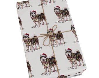 Alaskan Malamute Christmas Wrapping Paper, Dog Gift Wrap with Santa Hat and Holiday Lights