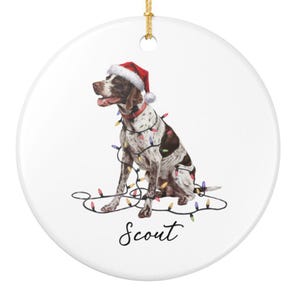 May include: A circular white ceramic Christmas decoration. It depicts a brown and white dog wearing a Santa hat and a red collar, adorned with a string of festive lights. The name "Scout" is written in cursive script.
