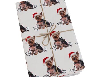 Yorkshire Terrier Christmas Wrapping Paper, Dog Gift Wrap with Santa Hat and Holiday Lights