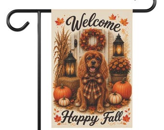 Ruby Cavalier Welcome Fall Garden Flag, Autumn Dog Porch Decor, Cavalier Lover Gift