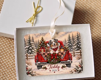 Personalized Australian Shepherd Ornament, Christmas Red Truck, Custom Name and Year