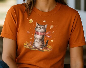 Cute Fall Cat Shirt, Autumn Leaves Kitten Tee, Cozy Fall Cat Lover Gift, Autumn Pet Shirt, Whimsical Scarf Cat Top