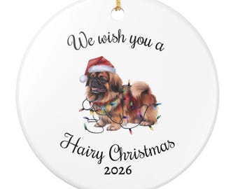 Pekingese Christmas Ornament, Dog Lover Keepsake, Santa Hat Lights, Ceramic Tree Decoration