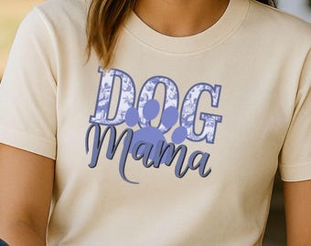 Mothers Day Gift for Dog Mama, Blue Floral Paw Print, Pet Lover Tee