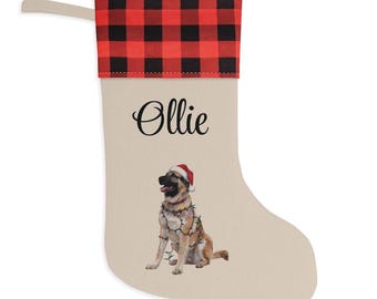 May include: A beige Christmas stocking featuring a red and black buffalo plaid cuff and a hanging loop. The stocking is personalised with the name Ollie in black script and displays a graphic of a dog wearing a Santa hat and string lights.
