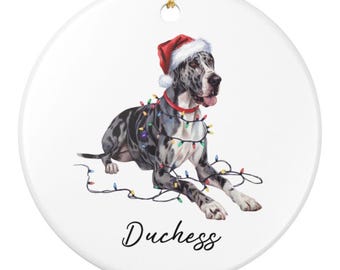 Peut inclure: Ornement de Noël rond et blanc avec un Grand Danois portant un bonnet de Père Noël et des guirlandes lumineuses. Le chien a un pelage noir et gris et un collier rouge. Le mot "Duchess" est écrit en cursive en dessous.