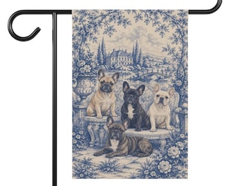 French Bulldog Garden Flag, Blue Toile Frenchie Yard Decor, Frenchie Mom Gift, Garden Banner