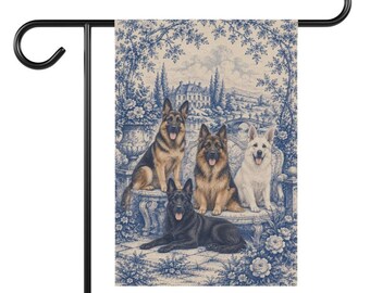 German Shepherd Garden Flag, Blue Toile GSD Yard Decor, Shepherd Mom Gift, Garden Banner