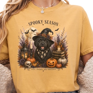 May include: A mustard yellow t-shirt featuring a graphic of a black dog wearing a witch hat and a ghost-patterned bandana. The design includes pumpkins, a skull, a lantern, books, and the text SPOOKY SEASON and COZY, SPOOKY, DOG OBSESSED.