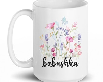 Mothers Day Gift for Babushka, Floral Babushka Mug, Watercolor Grandmother Coffee Cup, Slavic Gift